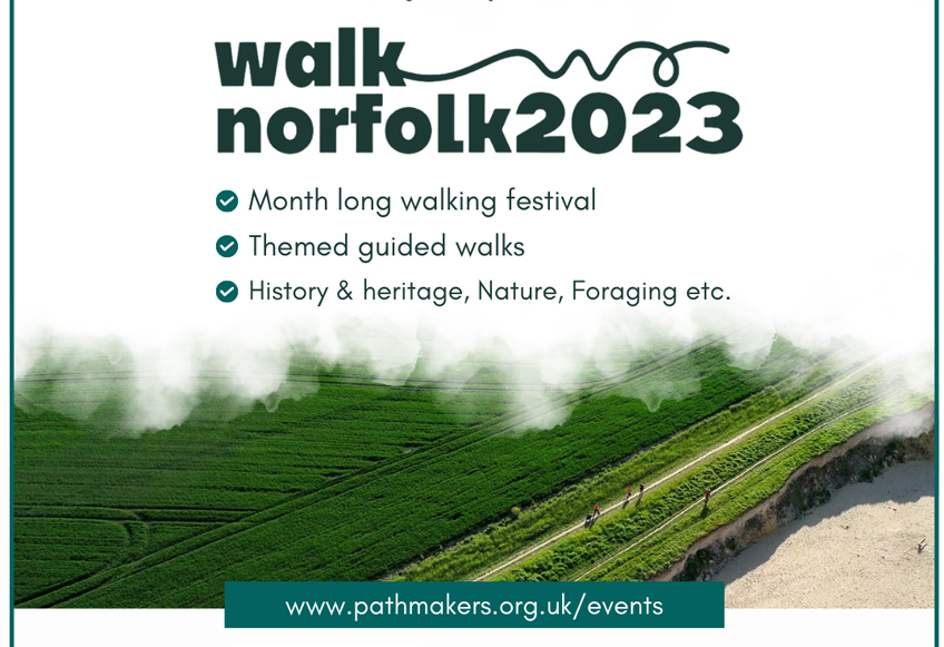 Image of WalkNorfolk2023 event poster with event information and an aerial image of coastal path